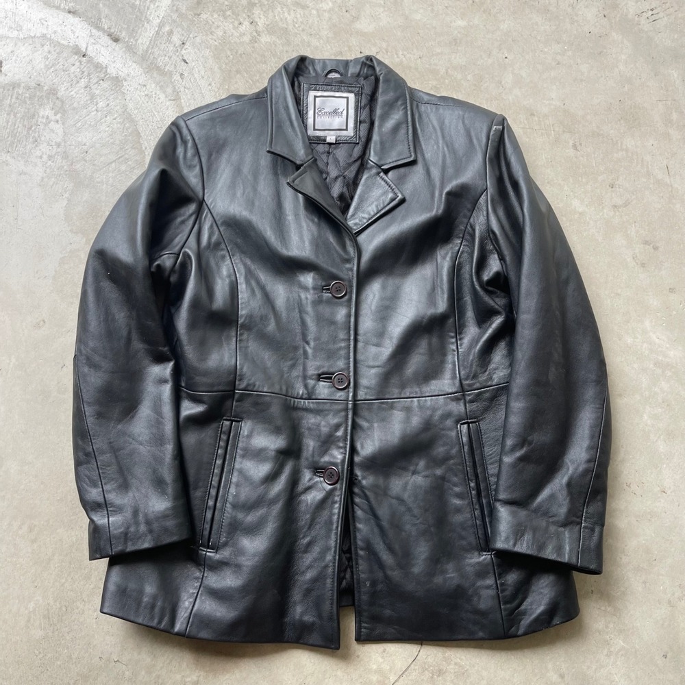 Excelled Collection Black Leather Blazer Jacket 3 Button Quilted Lining Large